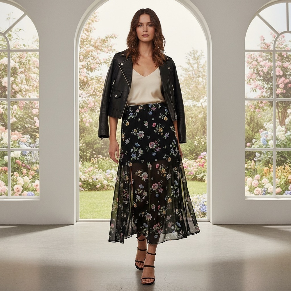 H&M Divided Sheer Floral Printed Maxi Slip Skirt Leg Slit Elastic Waist Large